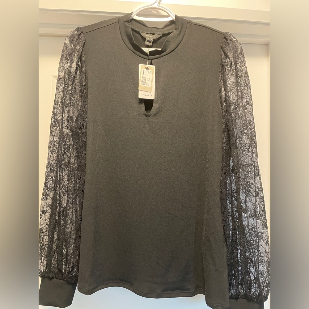 RW&CO-NWT black blouse, lace sleeves
